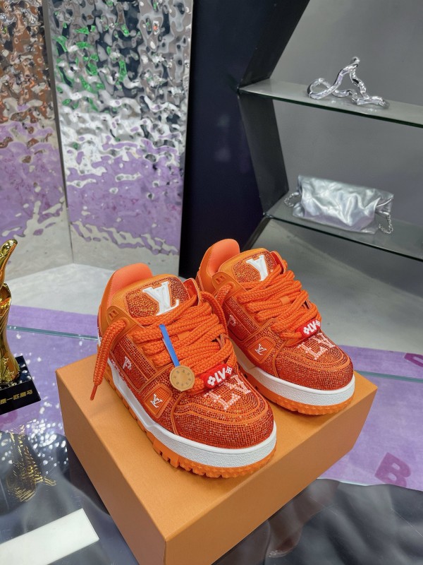 2024 Kids Louis Vuitton Orange Leather LV Trainer