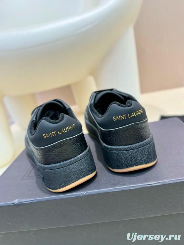 2024 Unisex Yves Saint Laurent Black Silk Leather Casual Shoes Embossed Logo MJ00350