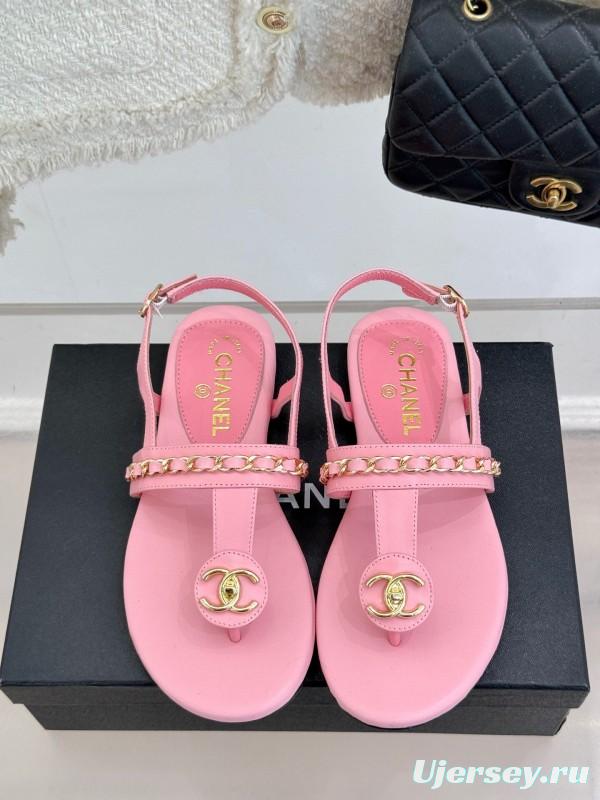 2025 Women Chanel Pink Lambskin Sandals CC Logo KFY00250