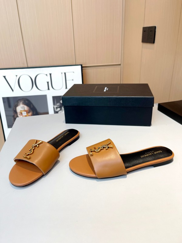 2025 Women Yves Saint Laurent Light Brown Leather Slippers LY00180