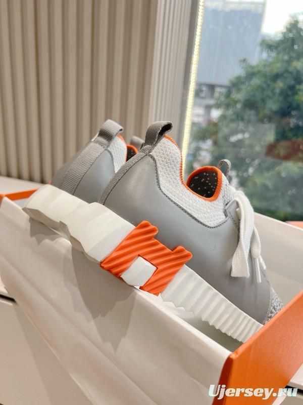 2024 Unisex Hermès Gray White Orange Calfskin Suede Sneakers MJ00290