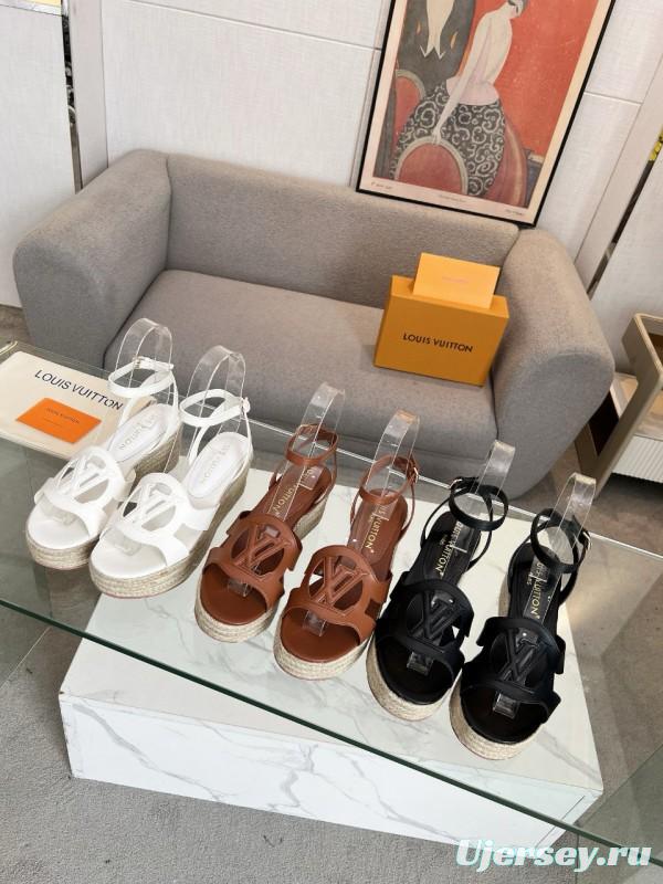 2025 Women Louis Vuitton Brown Leather Espadrille Wedge Sandals MJ00280