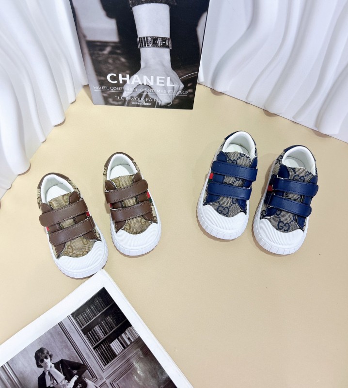 2024 Kids Gucci Brown Navy Canvas Leather Kids Shoes