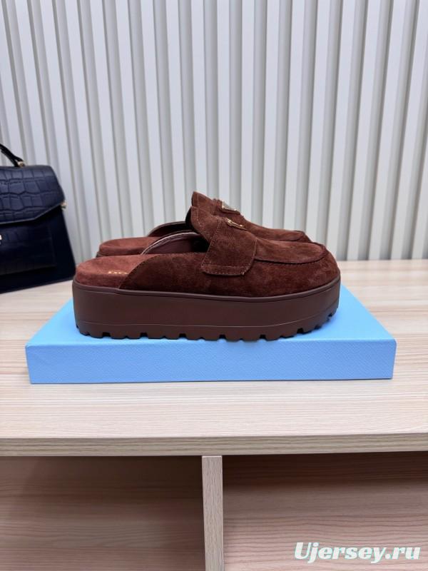 2025 Women Prada Brown Suede Platform Loafers