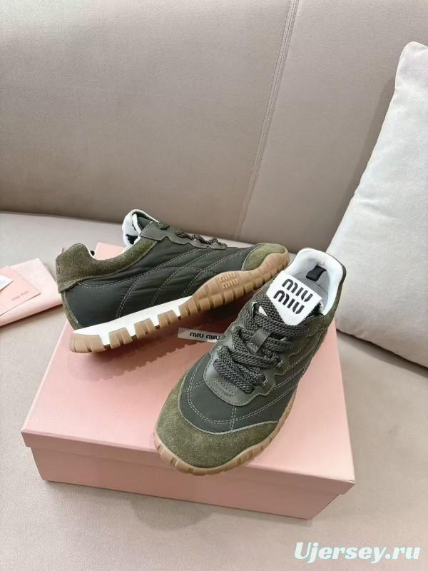 2025 Women Miu Miu Olive Green Suede Leather Sneakers KFY00280