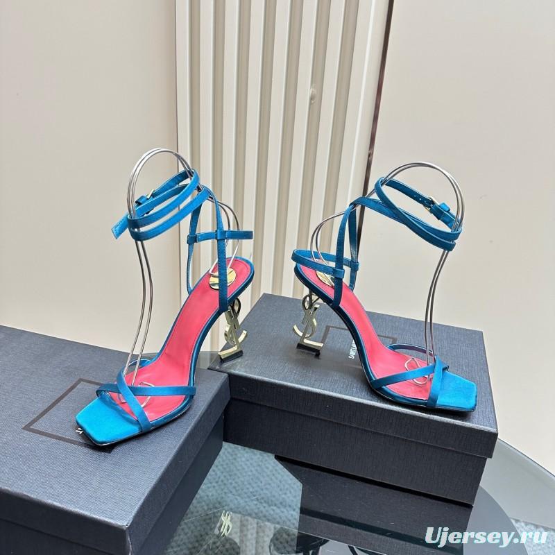 2025 Women Yves Saint Laurent Blue Silk High Heel Sandals KFY00290