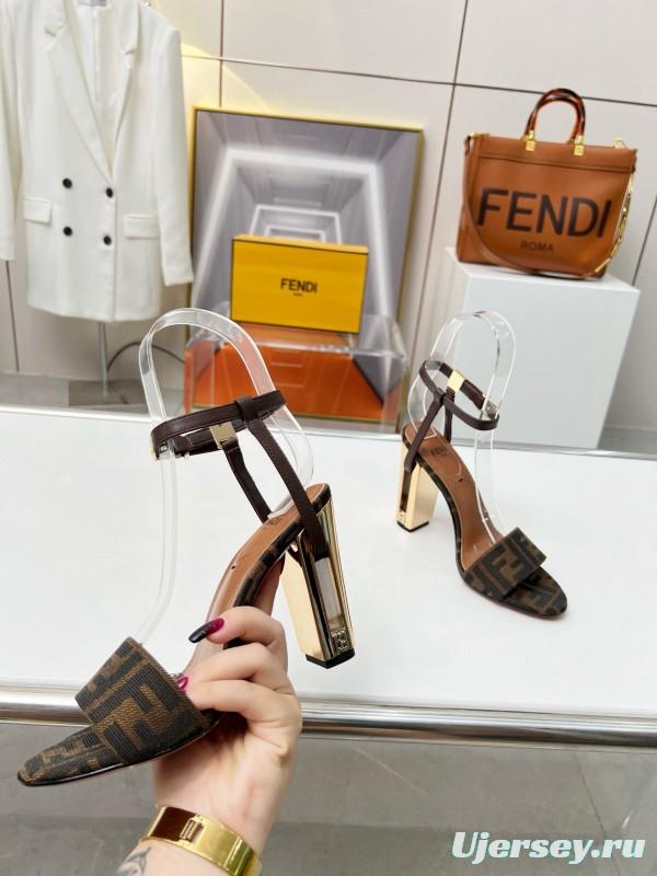 2025 Women Fendi Brown Leather Suede High Heel Sandals