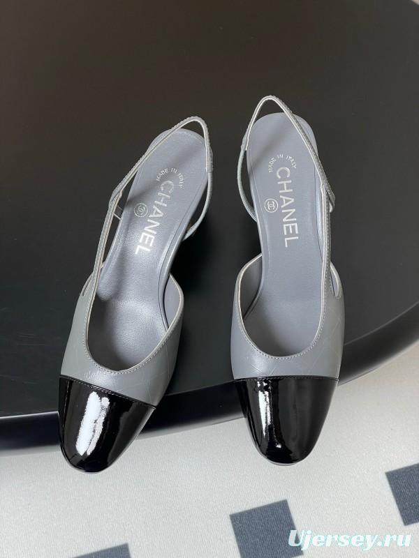 2025 Women Chanel Grey Black Leather Sling-back Heel