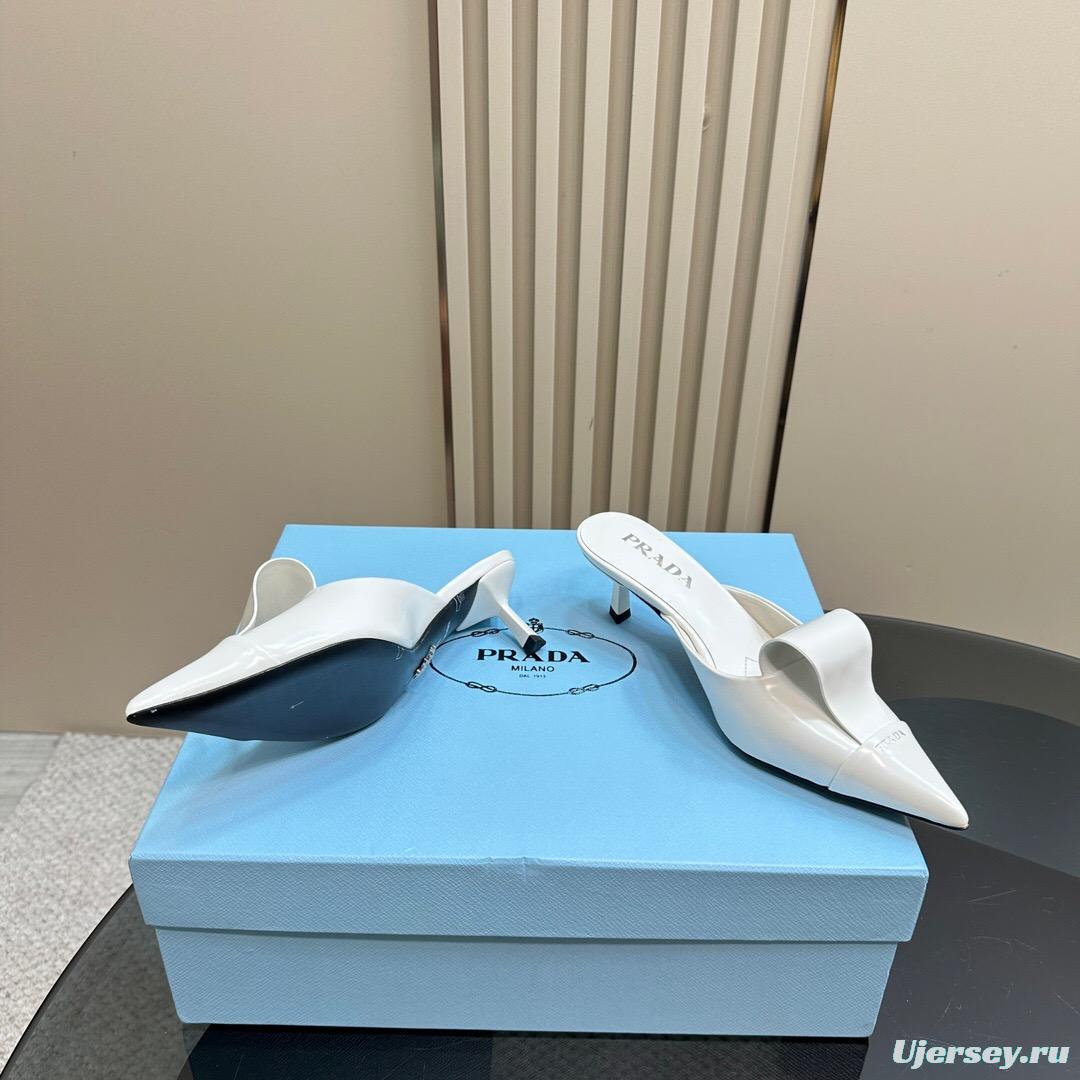 2025 Women Prada White Leather High Heel Mules