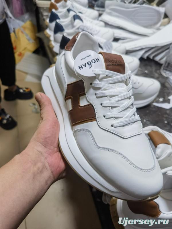 2025 Unisex HOGAN White Blue Brown Leather Sneakers H-STRIPES LY00360(F)/LY00370(M)