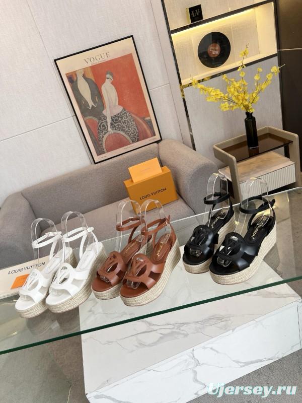 2025 Women Louis Vuitton Black Leather Espadrilles Sandals MJ00280