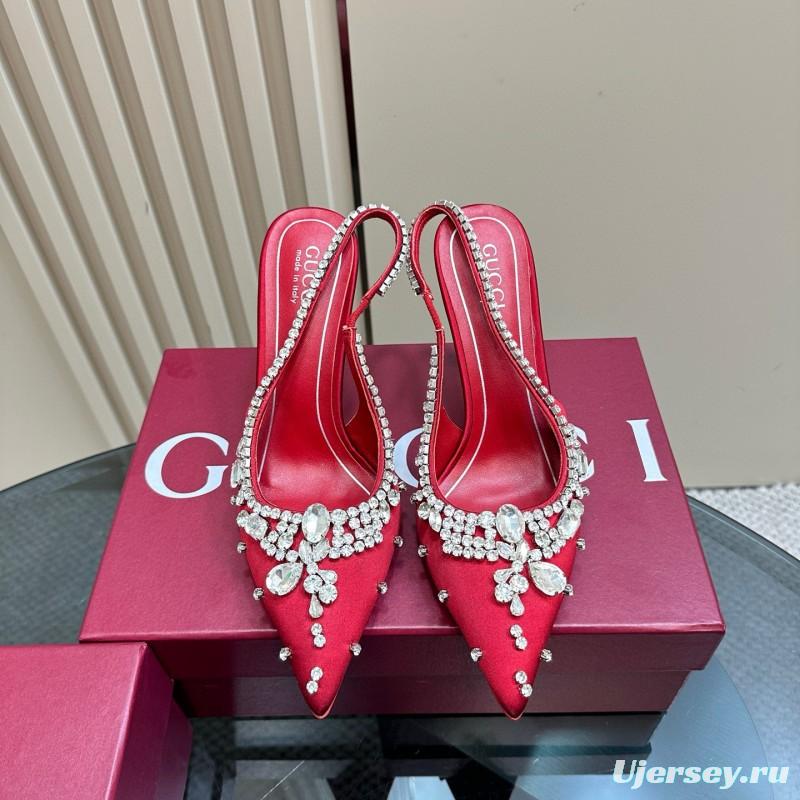 2025 Women Gucci Red Satin High Heel Slingback Crystal MJ00340
