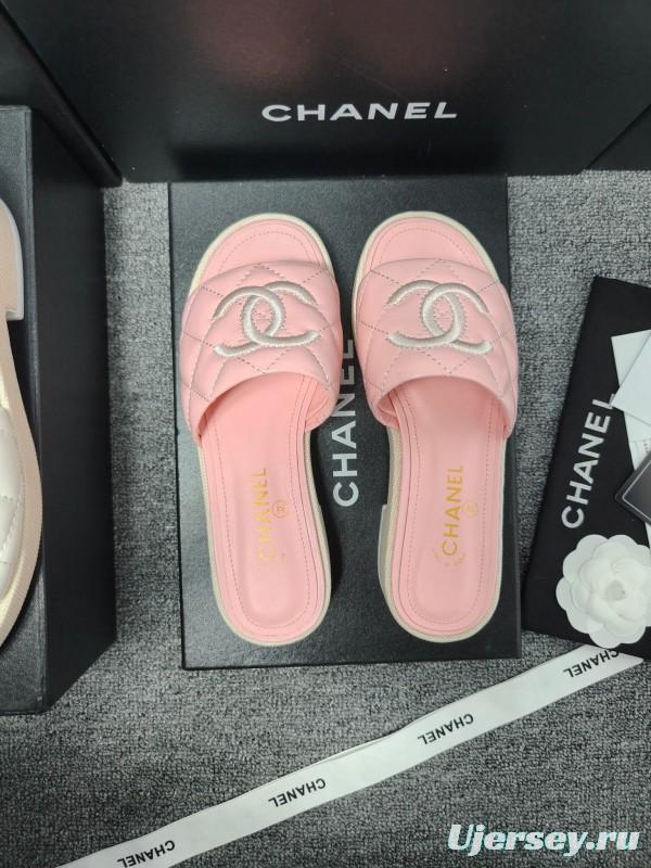 2025 Women Chanel Pink Leather Slippers