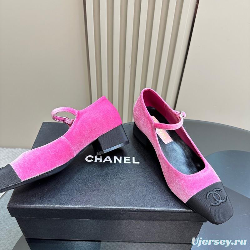 2025 Women Chanel Pink Black Velvet Mary Jane Shoes