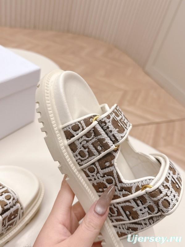 2025 Women Dior Brown Beige Canvas Leather Sandals LY