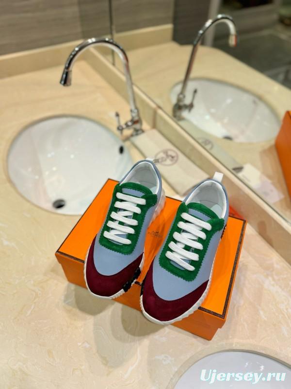 2024 Unisex Hermès White Green Burgundy Imported Silk Suede Casual Sneakers MJ00320