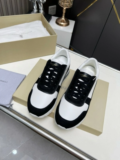 2024 Unisex Brunello Cucinelli Black White Suede Calfskin Leather Sneakers MJ00360