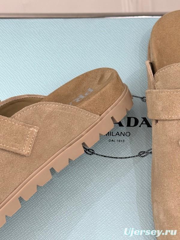 2025 Women Prada Beige Suede Clogs Buckle KFY00280