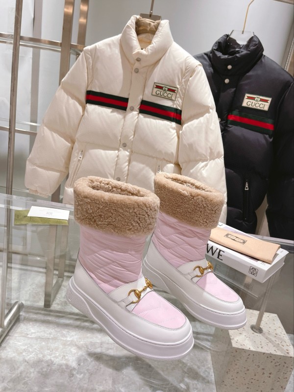 2024 Women Gucci Pink White Leather Shearling Snow Boots