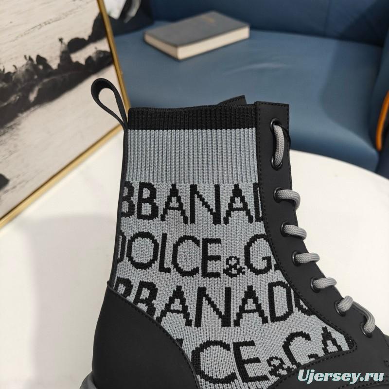 2024 Unisex Dolce & Gabbana Black Light Grey Fabric Leather Boots