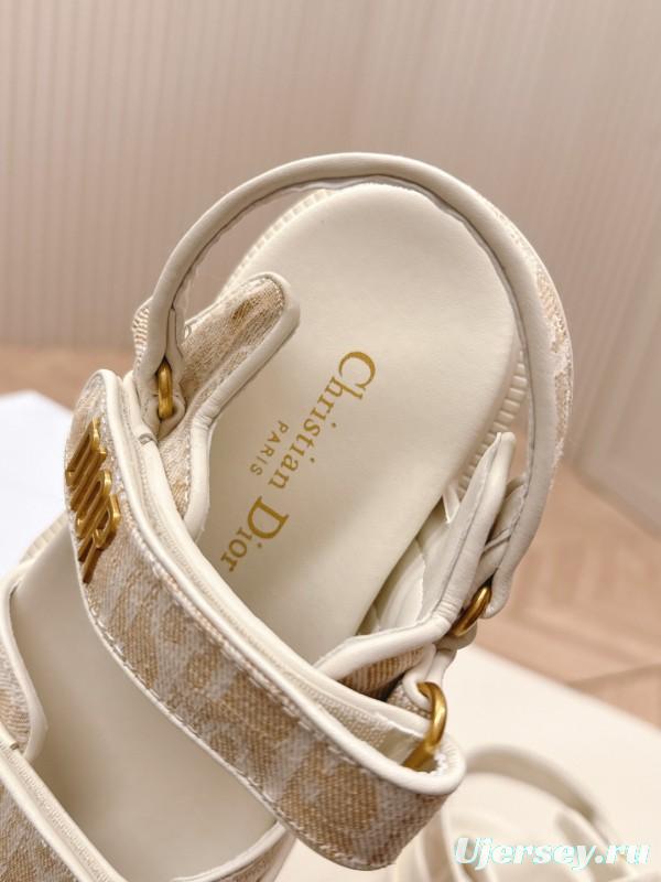 2025 Women Dior Beige Canvas Sandals Magic Tape LY