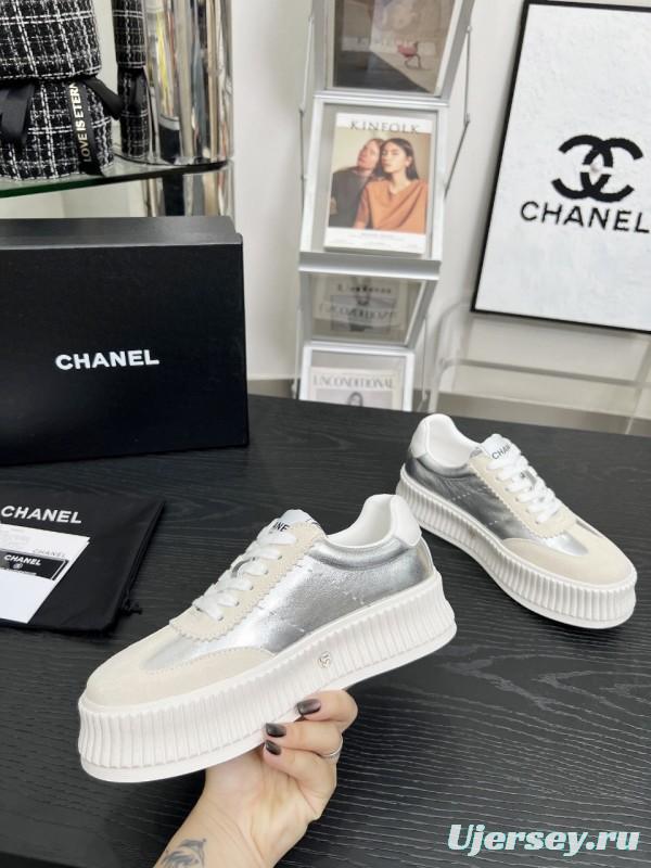 2025 Women Chanel White Silver Suede Leather Sneakers LY00270