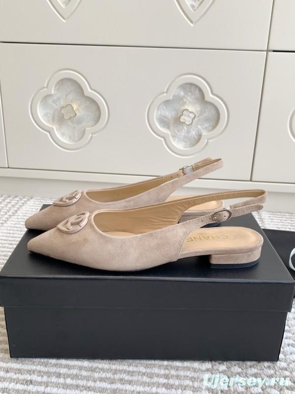 2025 Women Chanel Beige Suede Slingback Heart Logo KFY00300