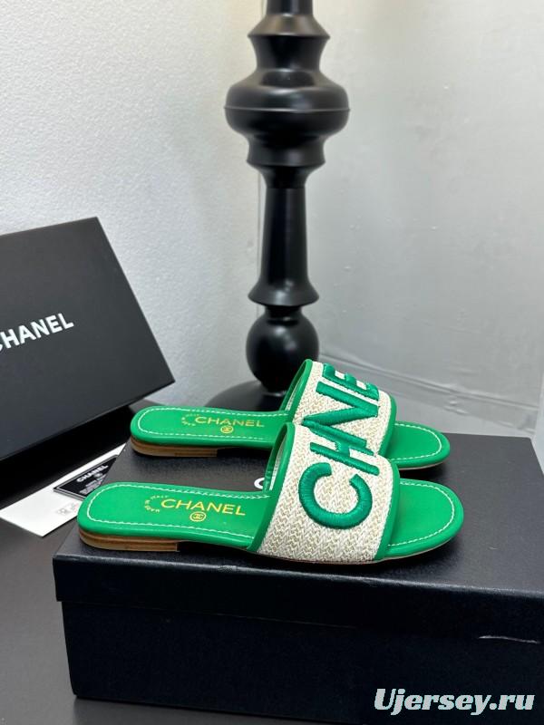 2025 Women Chanel Green Canvas Slippers