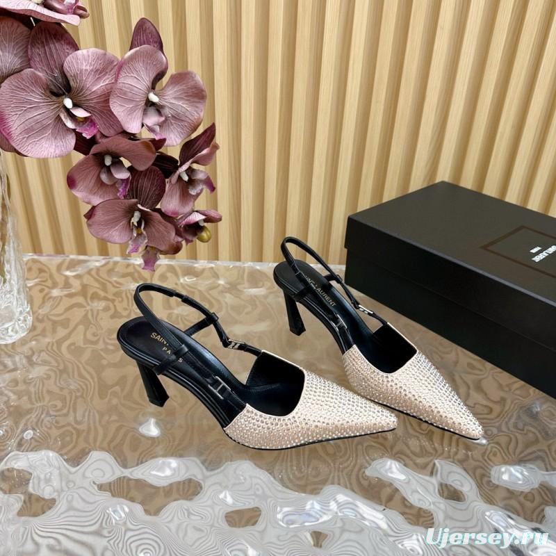 2024 Women Yves Saint Laurent Beige Rhinestone Silk Slingback Pumps MJ00320