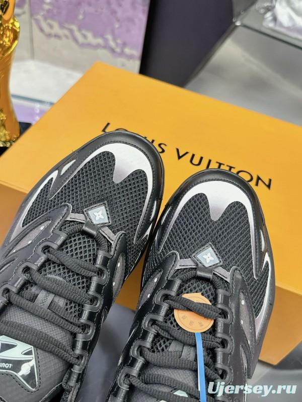2025 Men Louis Vuitton Black Grey Mesh Leather Sneakers MJ00420