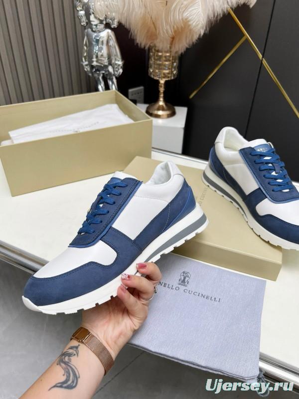 2024 Men Brunello Cucinelli Blue White Suede Calfskin Sneakers MJ00360