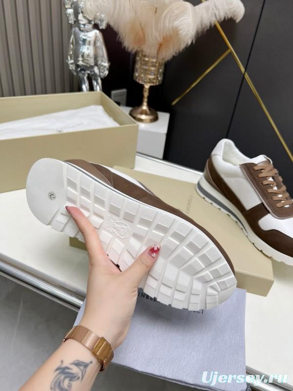 2024 Men Brunello Cucinelli White Brown Leather Suede Sneakers MJ00360