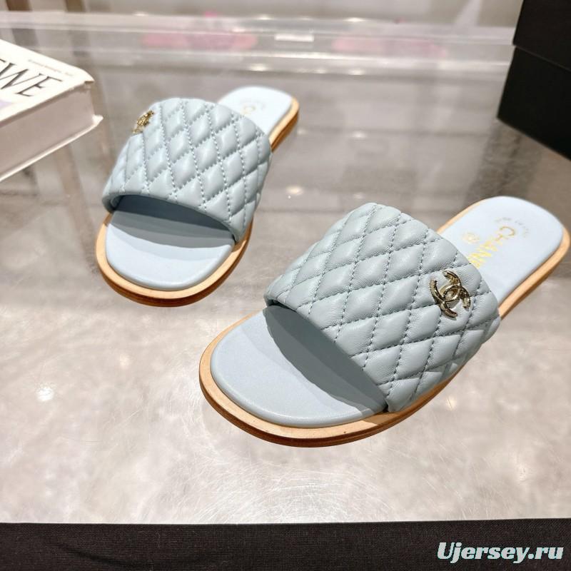 2025 Women Chanel Light Blue Lambskin Slippers