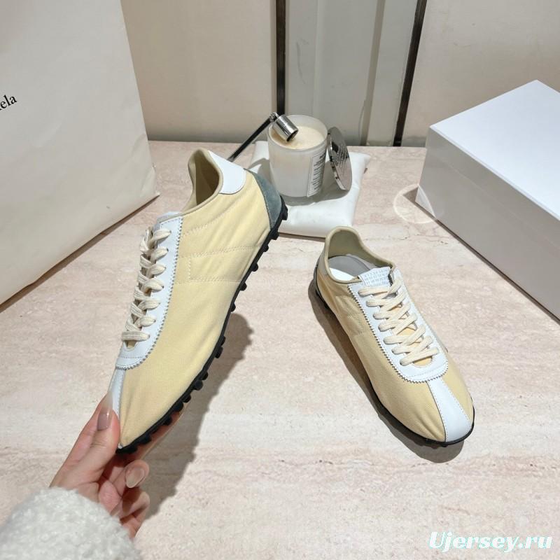 2025 Unisex MM6 Maison Margiela Beige White Nylon Suede Sneakers Distressed KFY00290