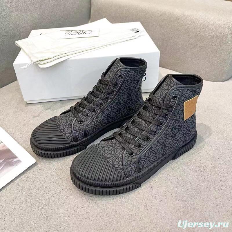 2025 Women Loewe Black Fabric Leather High-Top Sneakers LY00291