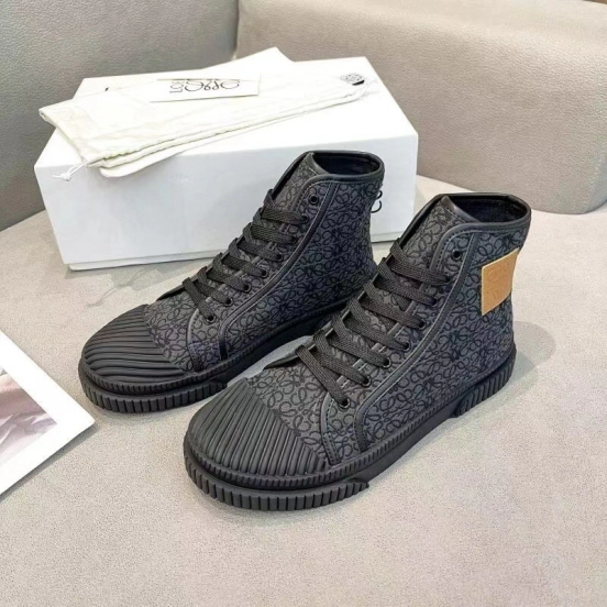 2025 Women Loewe Black Fabric Leather High-Top Sneakers LY00291