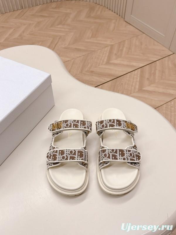 2025 Women Dior Brown Beige Canvas Leather Sandals LY