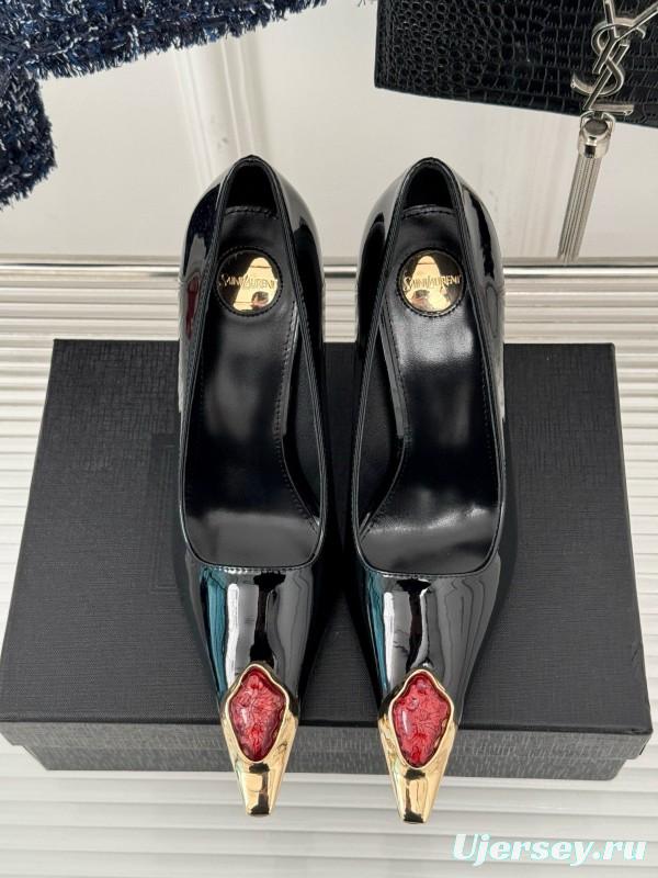 2024 Women Yves Saint Laurent Black Patent Leather High Heel Gemstone MJ00330