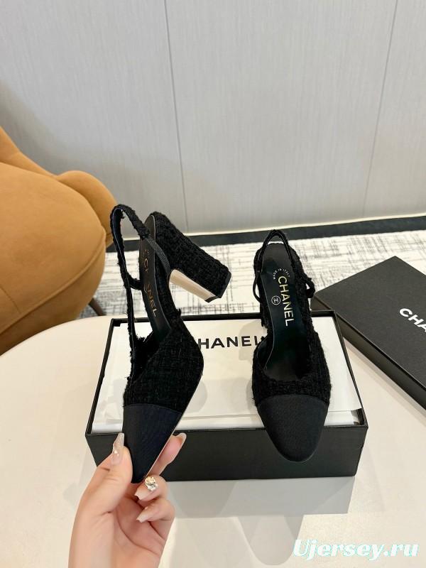 2025 Women Chanel Black Wool Leather Pumps LY00270