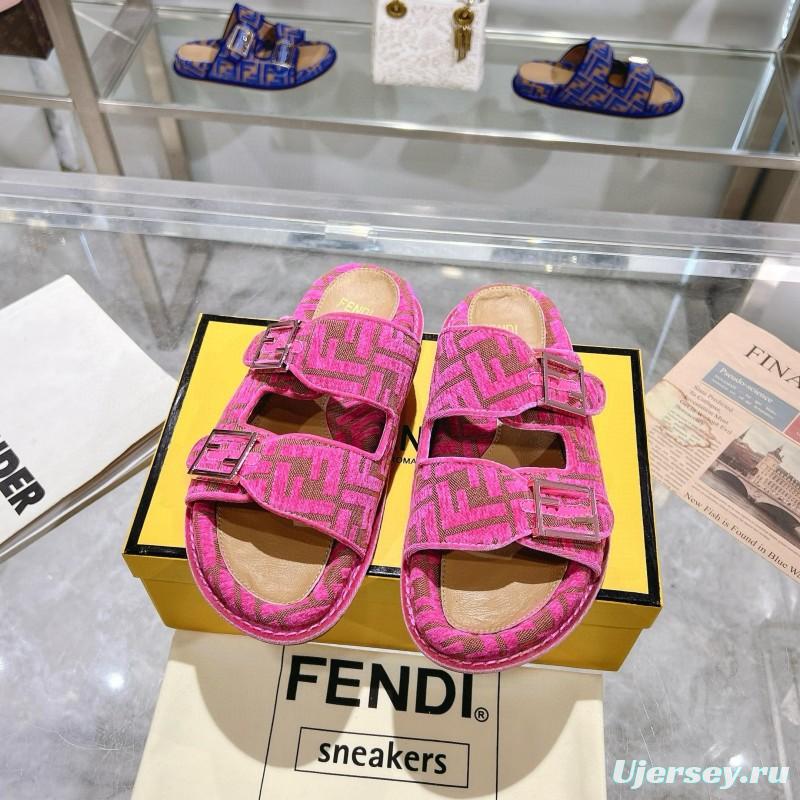 2025 Slippers Fendi Pink Jacquard Fabric Flat Buckle MJ00230