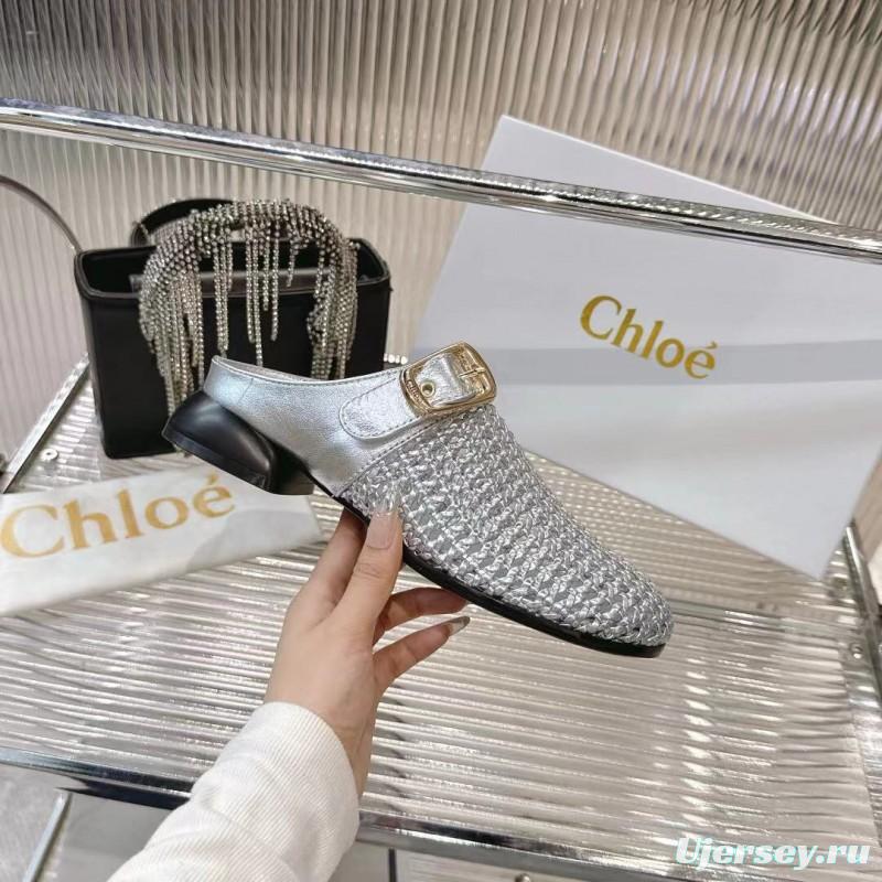 2025 Women Chloé Silver Leather Woven Slippers