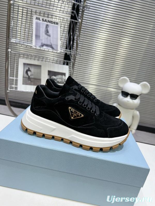 2025 Unisex Prada Black Suede Leather Sneakers KFY00310