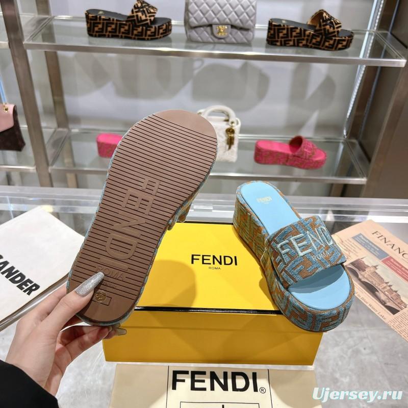 2025 Slippers Fendi Blue Brown Canvas FF Jacquard Platform FJ00321