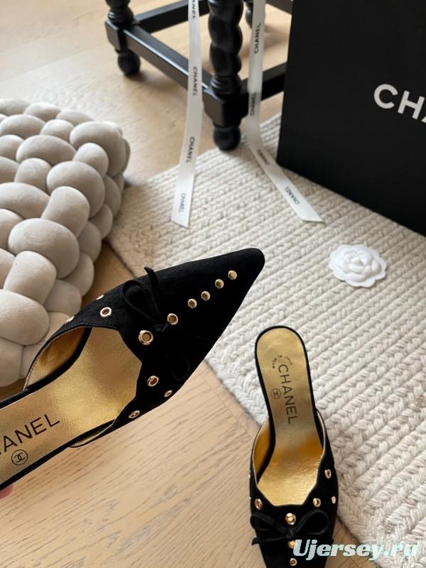 2025 Women Chanel Black Suede Pointed Toe Studded Mules