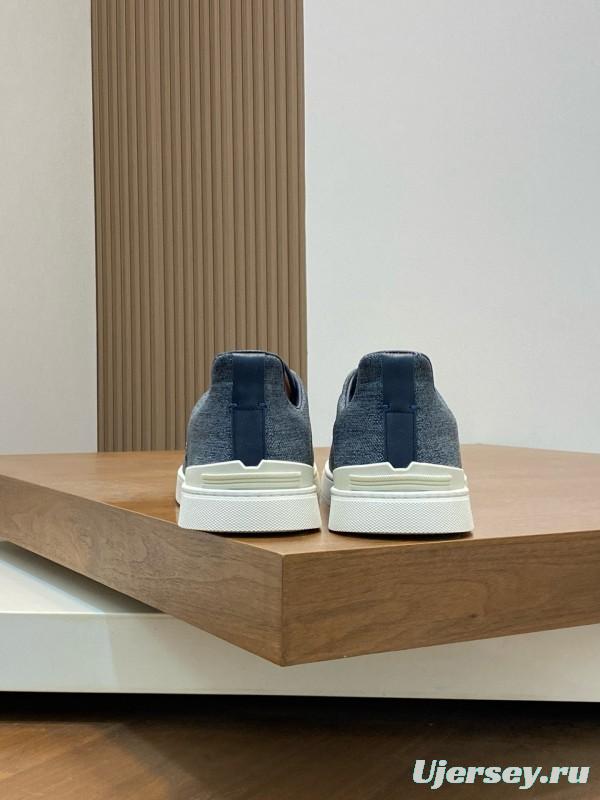 2024 Unisex Ermenegildo Zegna Grey Blue Pelletessuta Calfskin Sneakers Stretch Detail MJ00280