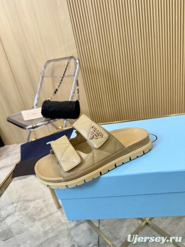 2025 Women Prada Beige Leather Sandals LY00270