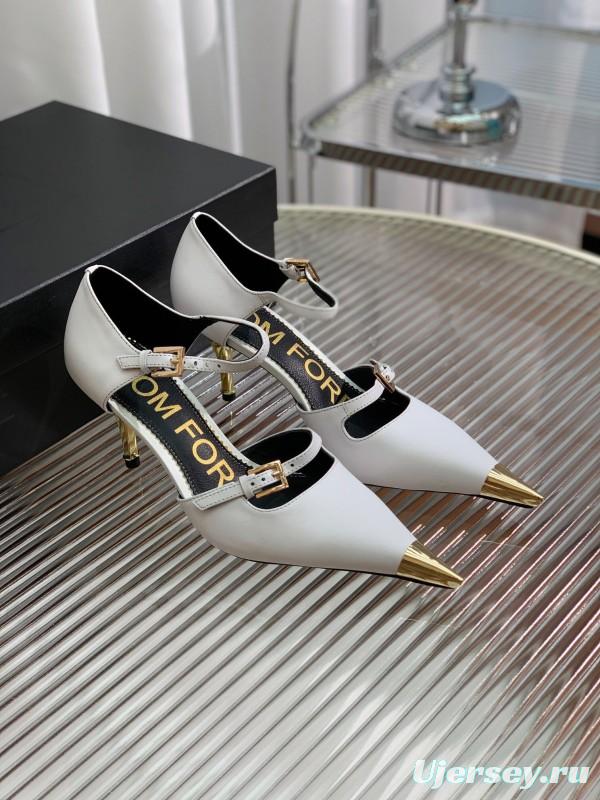 2025 Women TOM FORD White Gold Leather Pointed Toe Pumps KFY00320