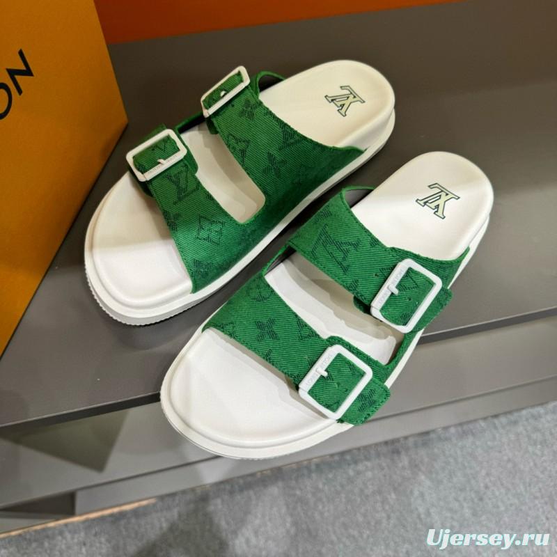 2024 Men Louis Vuitton Green Silk Leather Sandals MJ00210
