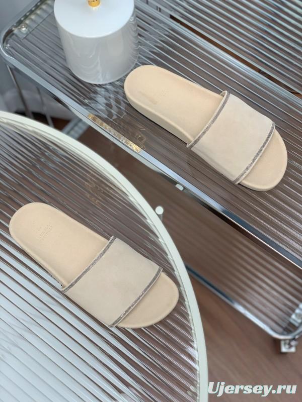 2025 Women Brunello Cucinelli Beige Suede Flat Slide Sandals Handmade Detailing KFY00240 (F)