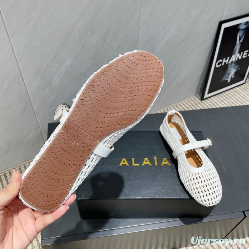 2025 Women Alaïa White Woven Leather Flat Mary Jane Shoes LY00360(F)